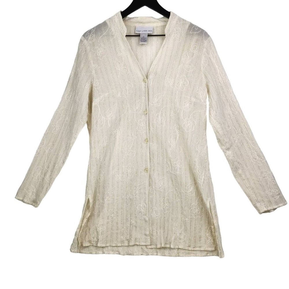 Susan Graver Sheer Tunic Medium Chiffon Metallic Embroidery Floral‎ Gauzy